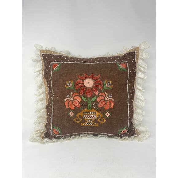 Brown Rust Cream Floral Cross-Stitched Pillow Lace Trim - Picture 1 of 5